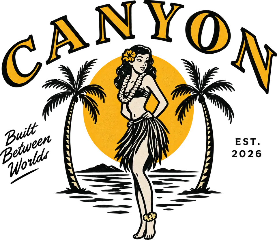 Canyon: a hula dancer between two palm trees in front of a yellow sun. Built Between Worlds, est. 2026.
